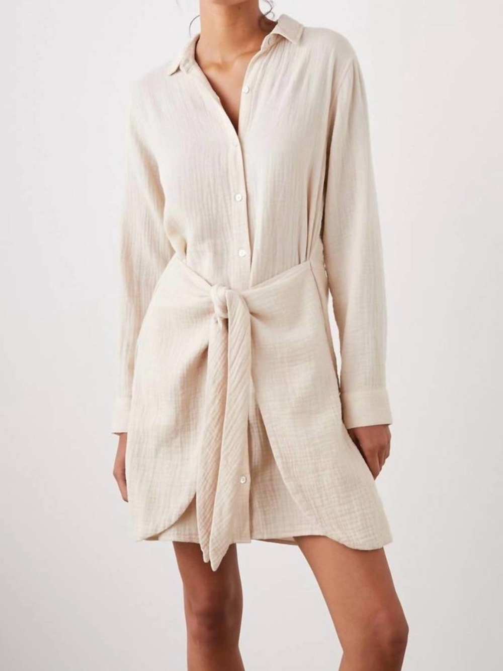 Rails Nadia Dress Waist Tie Long Sleeves Textured Oraganic Cotton in Flax Size S
